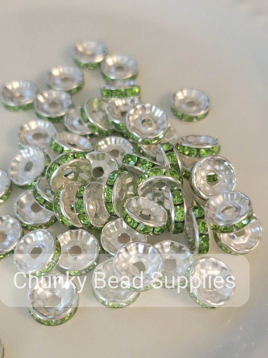Espaciadores de diamantes de imitación verde lima de 10 mm