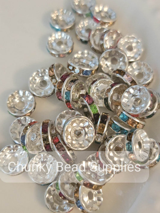10mm Colorful Silver Rhinestone Spacers