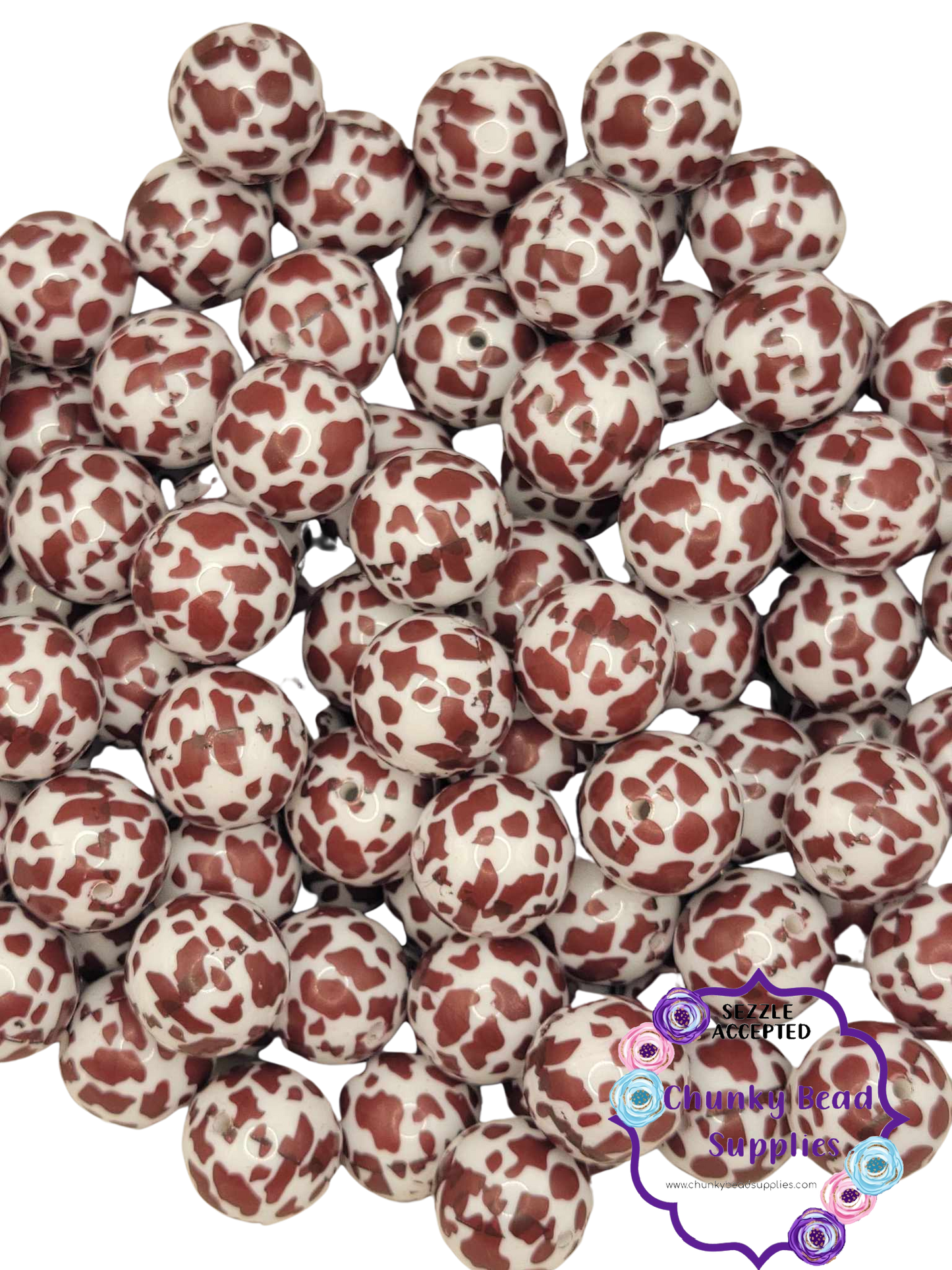 Grosses perles Bubblegum imprimées « vache brune » de 20 mm