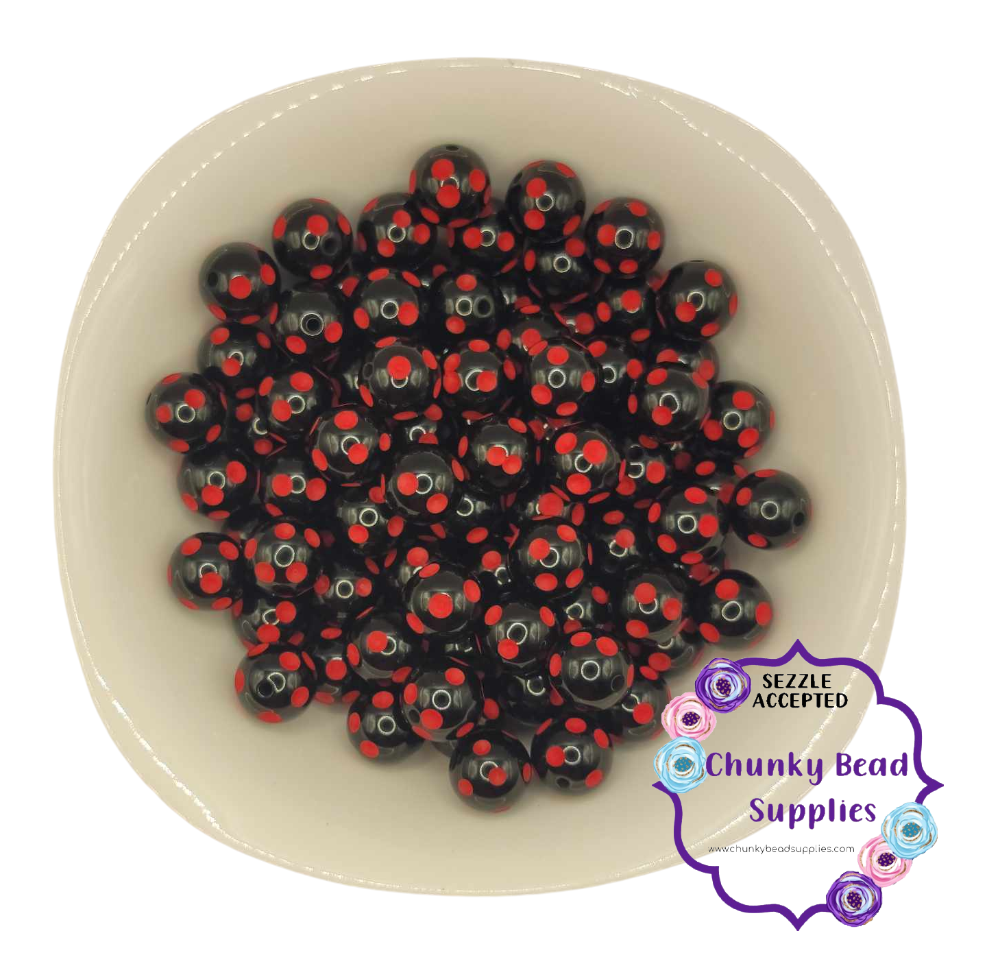 Perles Bubblegum épaisses à pois « rouge et noir » de 20 mm