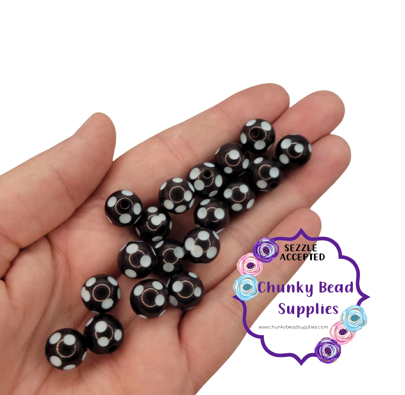 Perles acryliques à pois "noires" de 12 mm