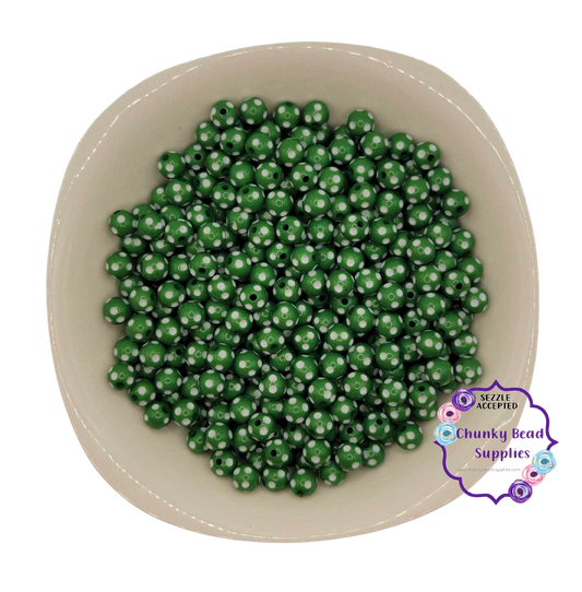 Perles à pois en acrylique « Vert de Noël » de 12 mm