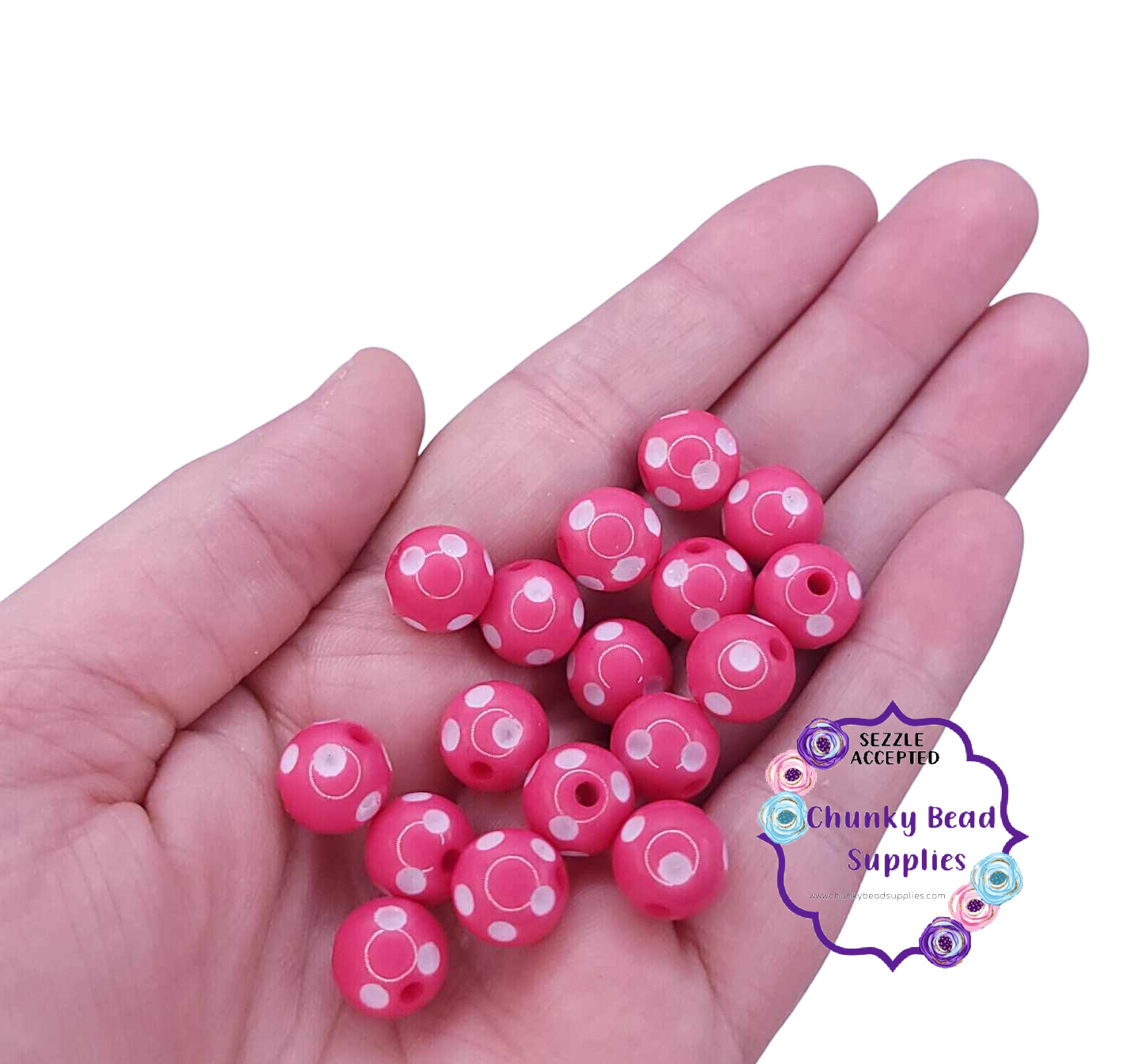 Perles à pois en acrylique « Rose vif » de 12 mm