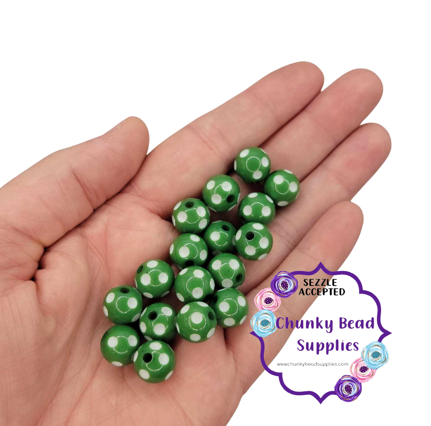 Perles à pois en acrylique « Vert de Noël » de 12 mm