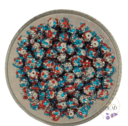 12mm "Red Blue and Silver" Confetti Rhinestone Acrylic Beads