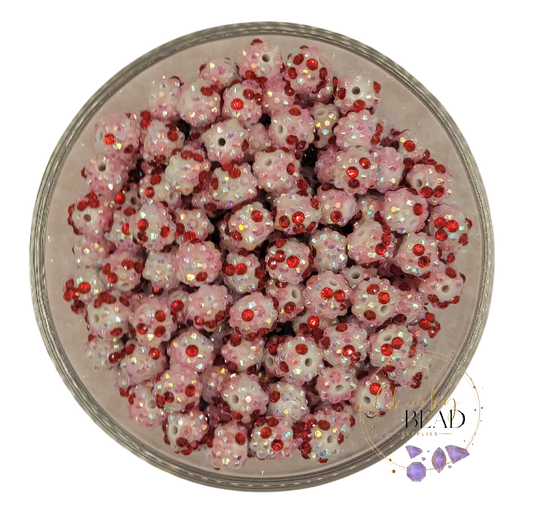 12mm "Pink White Red" Confetti Rhinestone Acrylic Beads