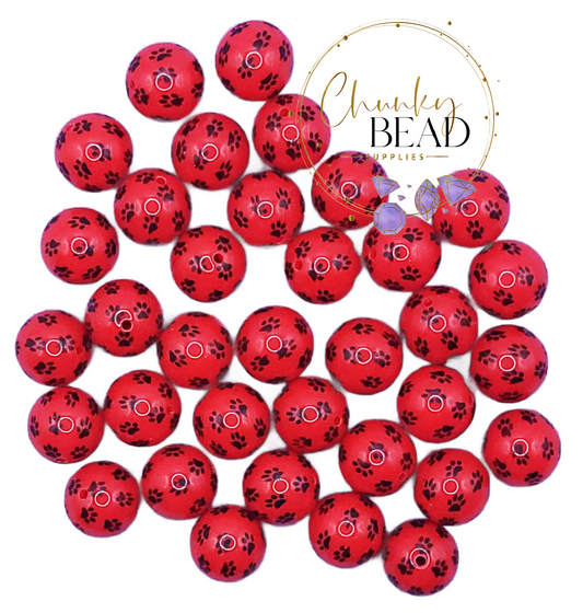 20mm “Red Paw Print” Whole Printed Acrylic Beads