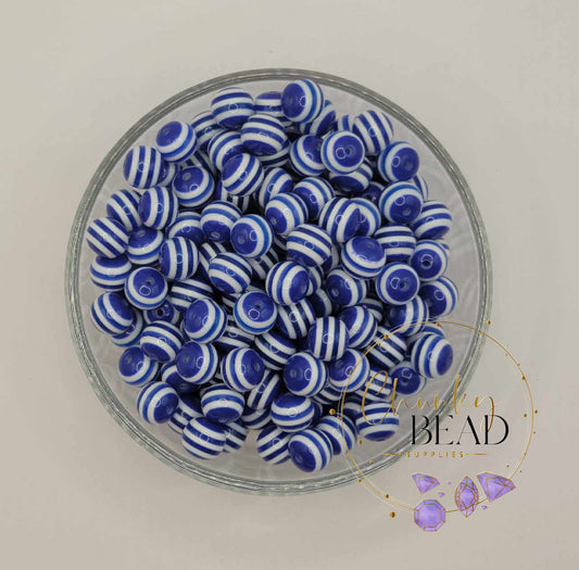 Perles à rayures bleu royal de 12 mm