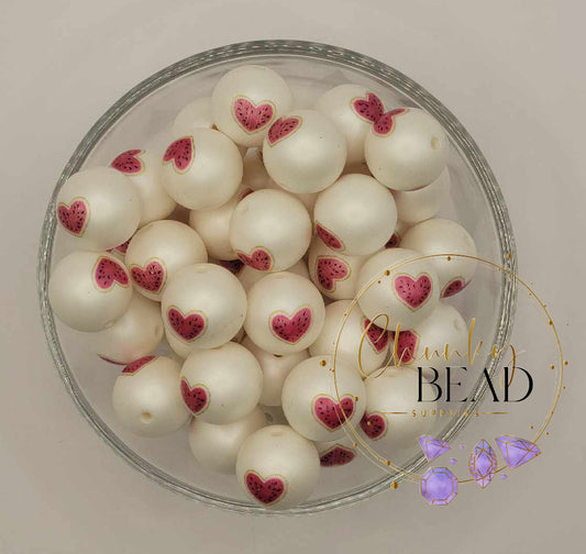 Perles imprimées coeur pastèque 20 mm