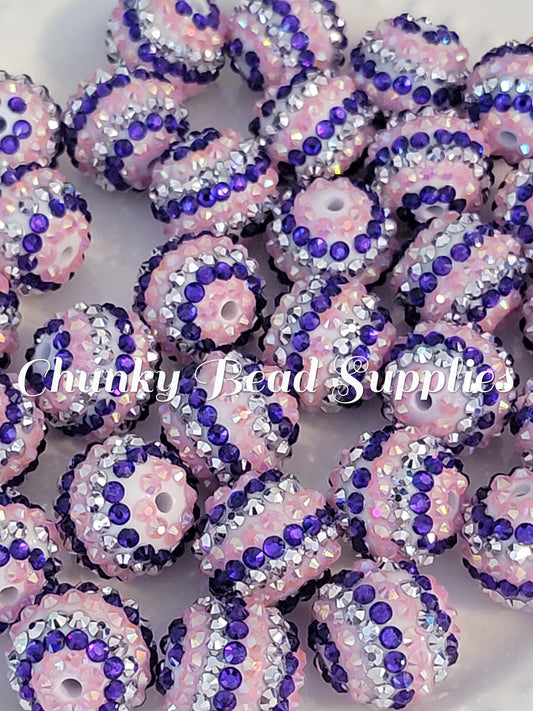 Perles de strass à rayures roses, violettes et argentées de 20 mm